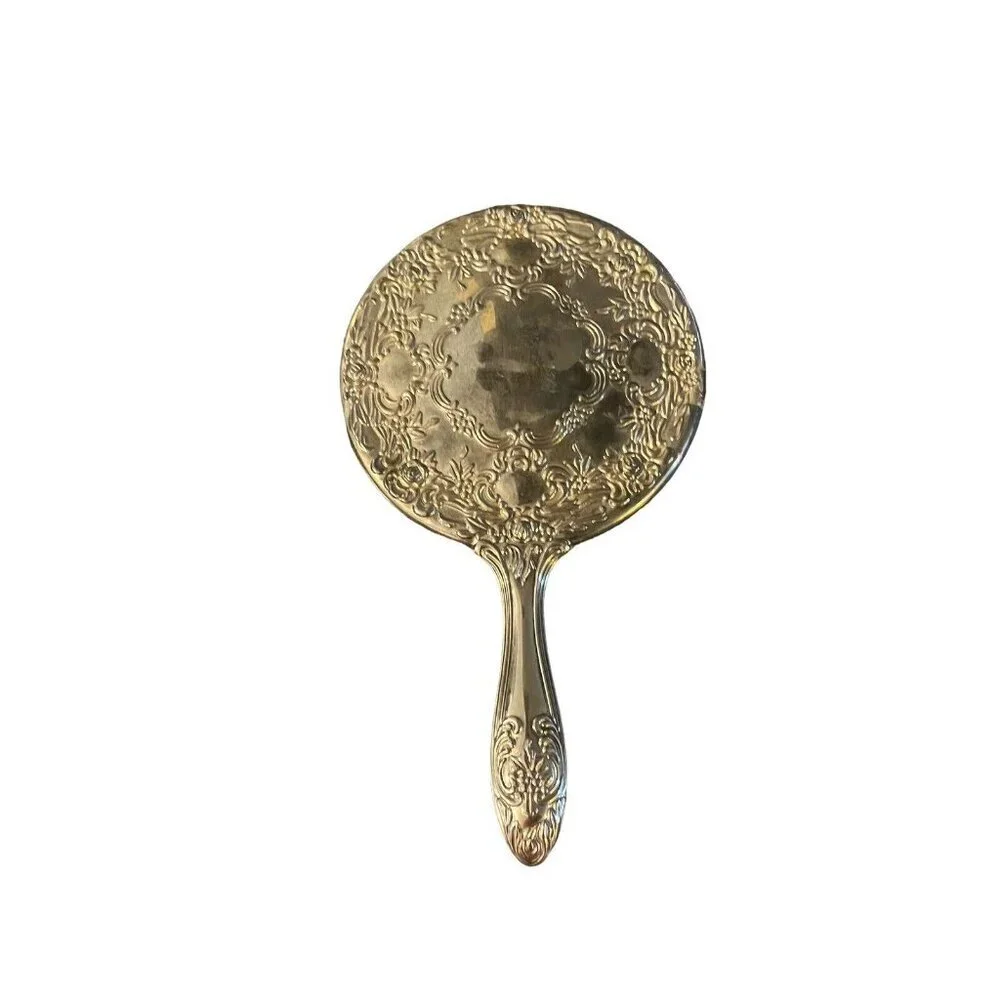 Vintage Antique Silver Plate Rose Pattern Vanity Hand Mirror Victorian